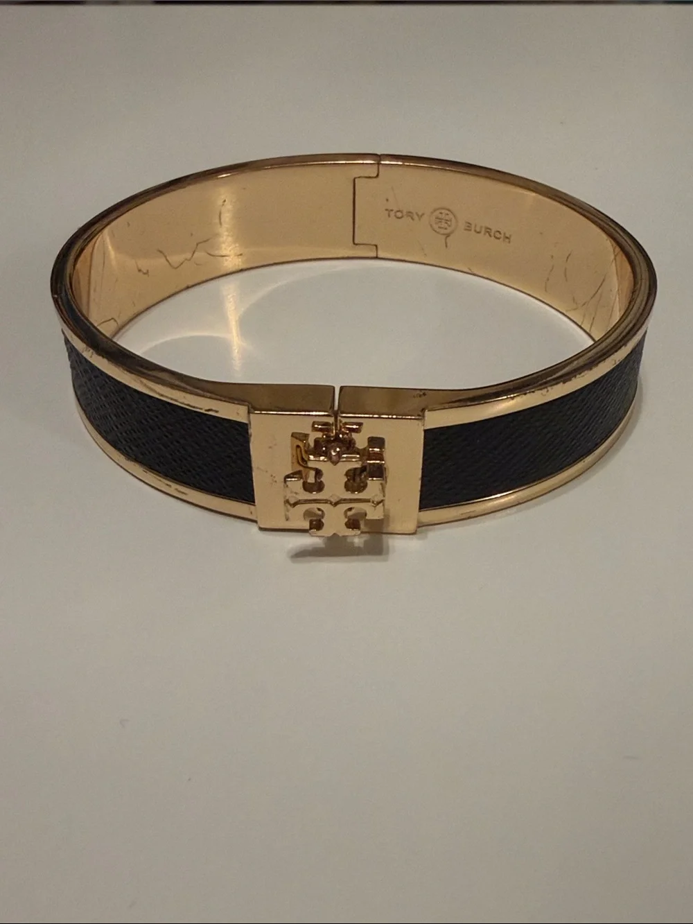 Tory Burch Navy Leather Inlay Gold Logo Hinged Bangle